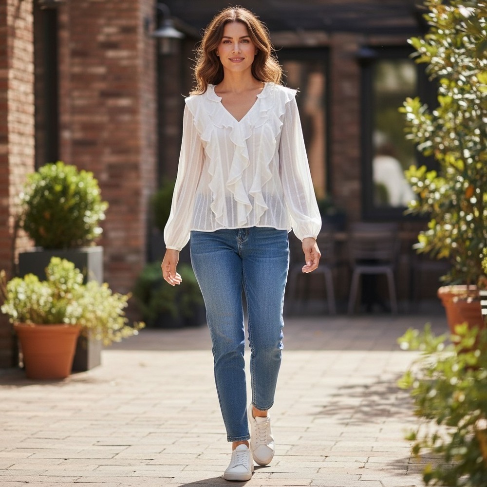 Joie White Sheer Ruffle V-Neck Balloon Sleeve Blouse‎ Top L/G RN 93677